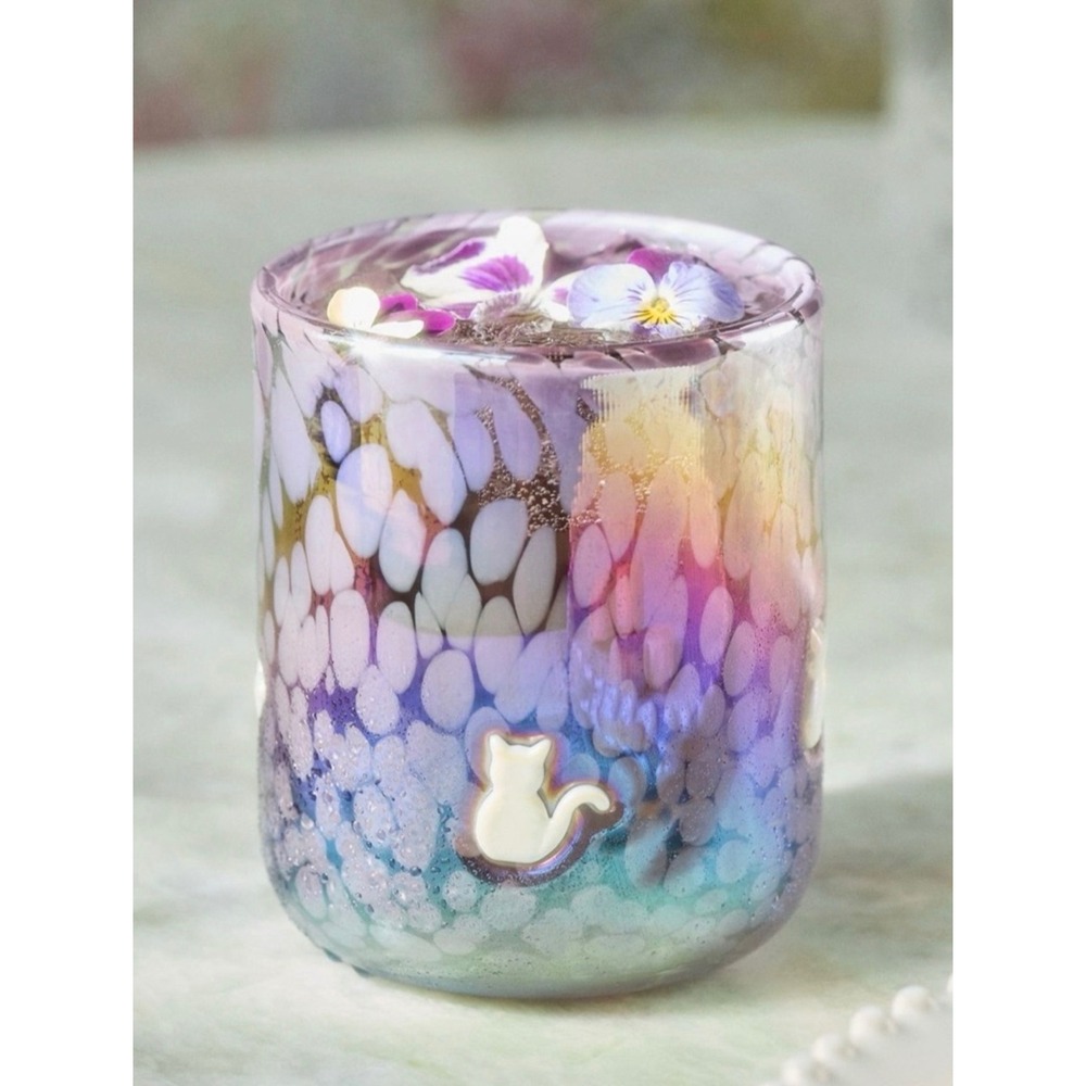 Anthropologie Icon Glass Cat Iridescent Purple Blue Mouth Blown Tumbler 17.9oz